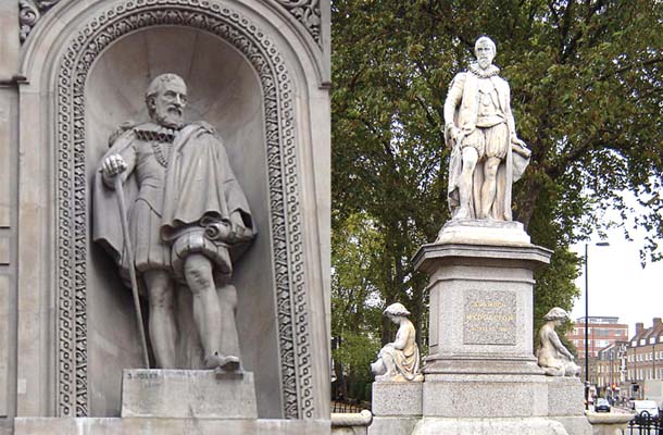 ミドルトン卿の石像（左が旧王立取引所、右がエンジェル駅近く）