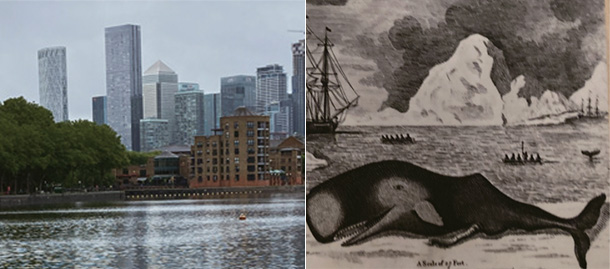 現在のグリーンランド・ドック（写真左）とかつての捕鯨の様子（同右）