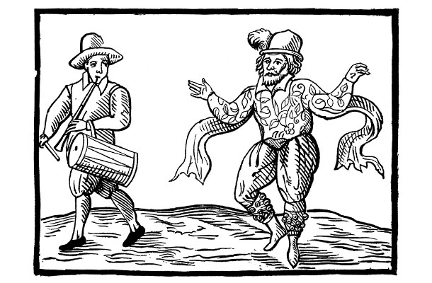 1600年、モリス・ダンスを踊るエリザベス朝の道化師ウィル・ケンプ（右）
