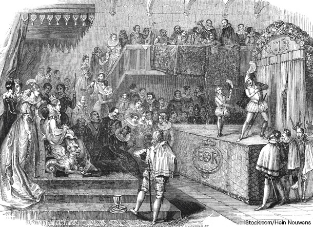 シェイクスピアとチェンバレン卿一座の舞台を観劇するエリザベス1世